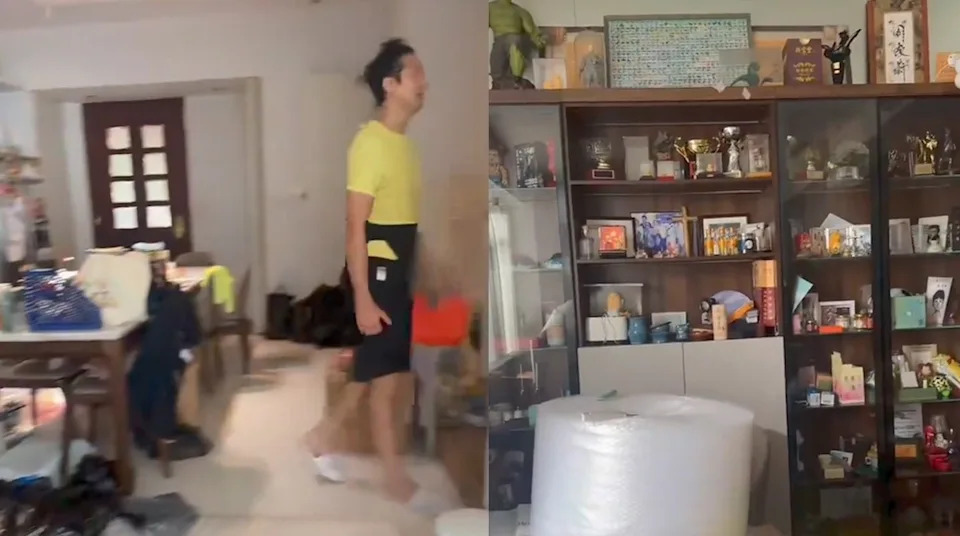 影片見到洪天明用頭箍把頭鬆束起，戴着腰封在屋內走動。（小紅書＠周家蔚）